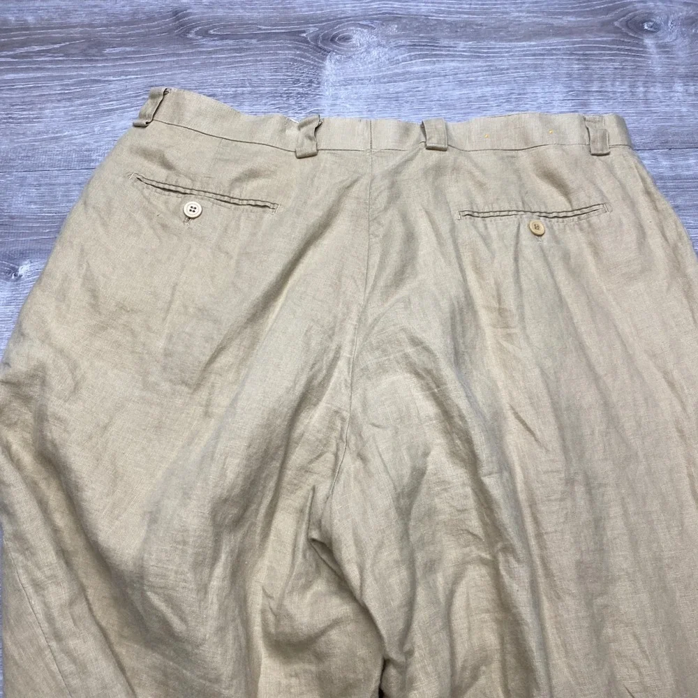 Inserch Linen Pleated Trousers Mens 38 Tan Wide Leg Cuffed Summer Dress Pants